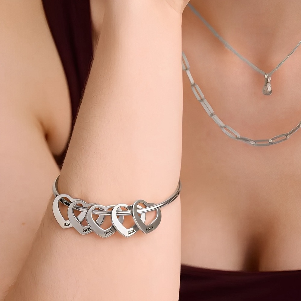 Linx Silver Snake Chain Bracelet with Personalized Heart Name Charms